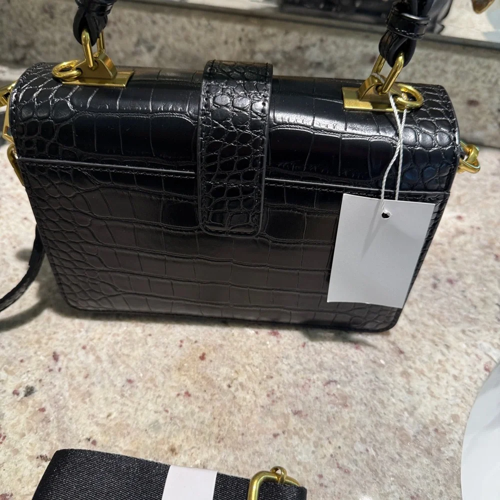 Black Croc-Embossed Crossbody Bag with Gold Accents - Picture 4 of 8